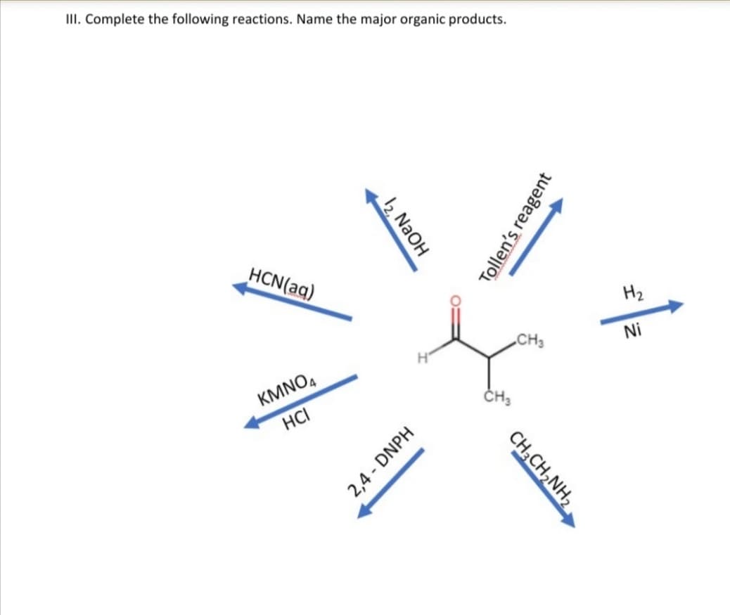 II. Complete the following reactions. Name the major organic products.
HCN(aq)
H2
„CH3
Ni
KMNO,
CH;
HCI
12 NaOH
Tollen's reagent
CH;CH,NH2
2,4 - DNPH
