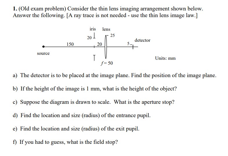 1. (Old exam problem) Consider the thin lens imaging arrangement shown below.
Answer the following. [A ray trace is not needed - use the thin lens image law.]
iris lens
20 1
25
detector
150
20
+
source
Units: mm
f = 50
a) The detector is to be placed at the image plane. Find the position of the image plane.
b) If the height of the image is 1 mm, what is the height of the object?
c) Suppose the diagram is drawn to scale. What is the aperture stop?
d) Find the location and size (radius) of the entrance pupil.
e) Find the location and size (radius) of the exit pupil.
f) If you had to guess, what is the field stop?
