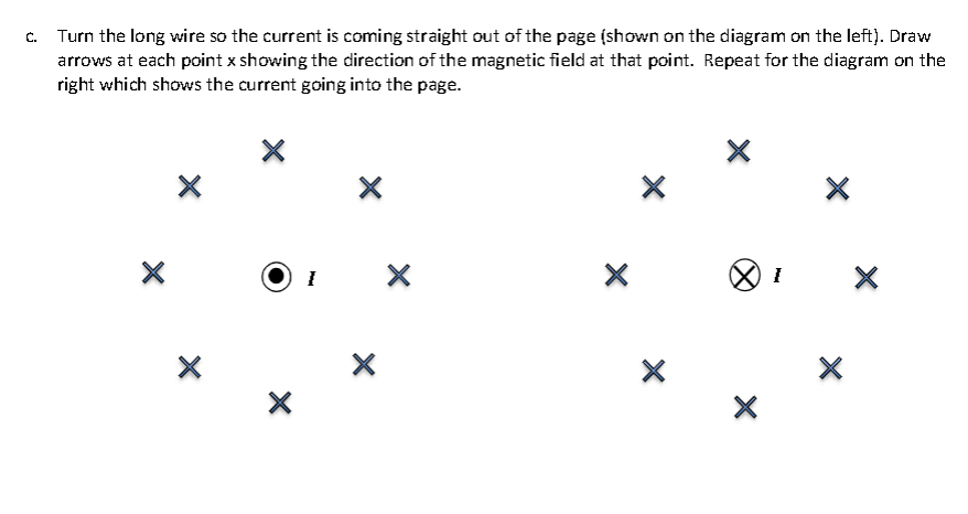 C. Turn the long wire so the current is coming straight out of the page (shown on the diagram on the left). Draw
arrows at each point x showing the direction of the magnetic field at that point. Repeat for the diagram on the
right which shows the current going into the page.
I
X
X
I
X
X