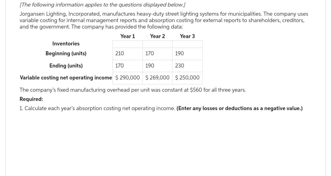 [The following information applies to the questions displayed below.]
Jorgansen Lighting, Incorporated, manufactures heavy-duty street lighting systems for municipalities. The company uses
variable costing for internal management reports and absorption costing for external reports to shareholders, creditors,
and the government. The company has provided the following data:
Year 1
Year 2
Inventories
Beginning (units)
Ending (units)
210
170
170
190
Year 3
190
230
Variable costing net operating income $290,000 $269,000
$250,000
The company's fixed manufacturing overhead per unit was constant at $560 for all three years.
Required:
1. Calculate each year's absorption costing net operating income. (Enter any losses or deductions as a negative value.)