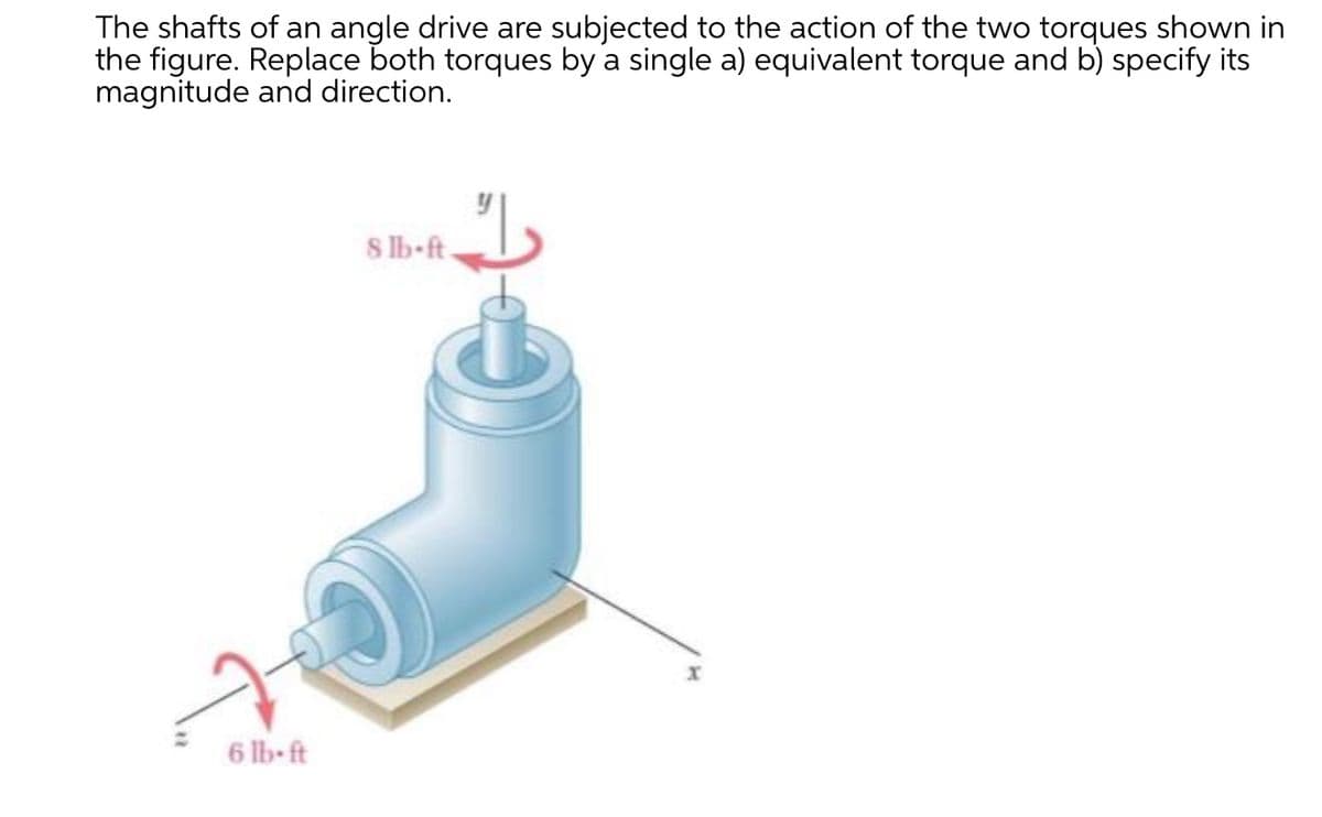 The shafts of an angle drive are subjected to the action of the two torques shown in
the figure. Replace both torques by a single a) equivalent torque and b) specify its
magnitude and direction.
S lb-ft.
6 lb-ft
