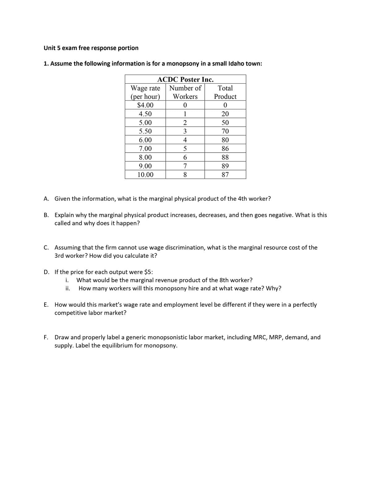 Unit 5 exam free response portion
1. Assume the following information is for a monopsony in a small Idaho town:
ACDC Poster Inc.
Number of
Workers
0
1
Wage rate
(per hour)
$4.00
4.50
5.00
5.50
6.00
7.00
8.00
9.00
10.00
2
D. If the price for each output were $5:
i.
ii.
3456
7
8
Total
Product
0
20
50
70
80
86
88
89
87
A. Given the information, what is the marginal physical product of the 4th worker?
B.
Explain why the marginal physical product increases, decreases, and then goes negative. What is this
called and why does it happen?
C. Assuming that the firm cannot use wage discrimination, what is the marginal resource cost of the
3rd worker? How did you calculate it?
What would be the marginal revenue product of the 8th worker?
How many workers will this monopsony hire and at what wage rate? Why?
E. How would this market's wage rate and employment level be different if they were in a perfectly
competitive labor market?
F. Draw and properly label a generic monopsonistic labor market, including MRC, MRP, demand, and
supply. Label the equilibrium for monopsony.