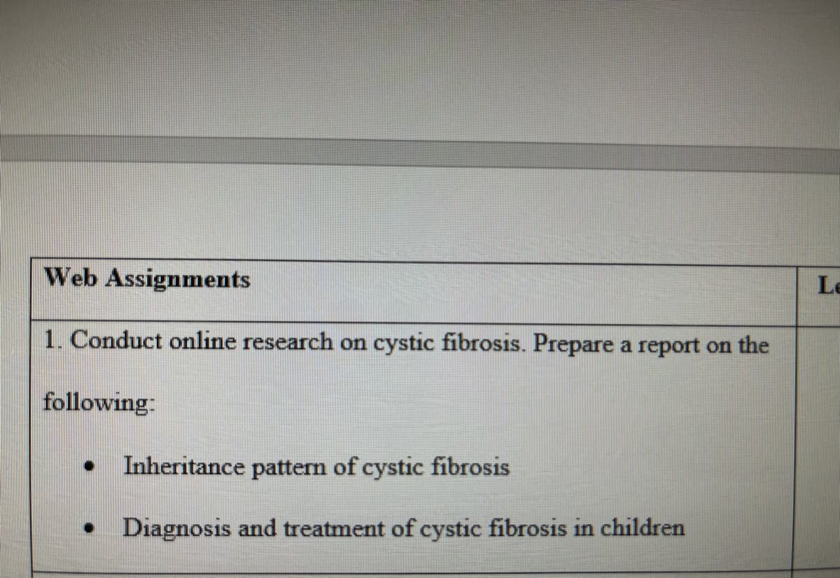 Web Assignments
1. Conduct online research on cystic fibrosis. Prepare a report on the
following:
●
Inheritance pattern of cystic fibrosis
Diagnosis and treatment of cystic fibrosis in children
Le