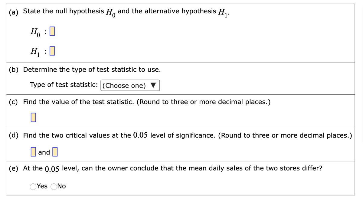 (a) State the null hypothesis H and the alternative hypothesis H,.
Ho : 0
H, :0
(b) Determine the type of test statistic to use.
Type of test statistic: (Choose one)
(c) Find the value of the test statistic. (Round to three or more decimal places.)
(d) Find the two critical values at the 0.05 level of significance. (Round to three or more decimal places.)
D and |
(e) At the 0.05 level, can the owner conclude that the mean daily sales of the two stores differ?
Yes ONo
