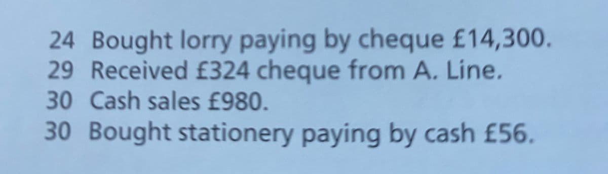 24 Bought lorry paying by cheque £14,300.
29 Received £324 cheque from A. Line.
30 Cash sales £980.
30 Bought stationery paying by cash £56.

