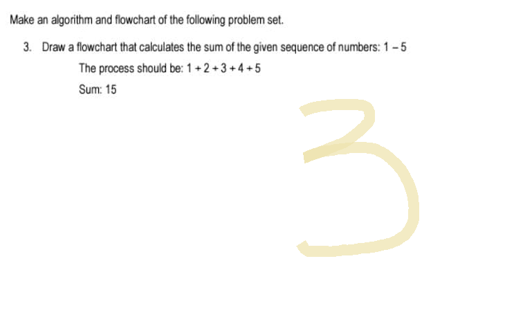 Make an algorithm and flowchart of the following problem set.
3. Draw a flowchart that calculates the sum of the given sequence of numbers: 1-5
The process should be: 1+2+3+4+5
Sum: 15
3