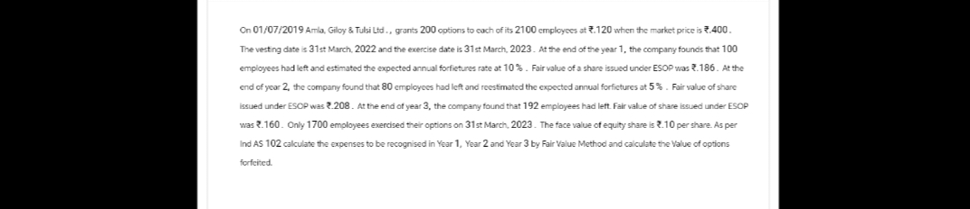On 01/07/2019 Amla, Giloy & Tulsi Ltd., grants 200 options to each of its 2100 employees at *.120 when the market price is *.400.
The vesting date is 31st March, 2022 and the exercise date is 31st March, 2023. At the end of the year 1, the company founds that 100
employees had left and estimated the expected annual forfietures rate at 10%. Fair value of a share issued under ESOP was .186. At the
end of year 2, the company found that 80 employees had left and reestimated the expected annual forfictures at 5%. Fair value of share
Issued under ESOP was 2.208. At the end of year 3, the company found that 192 employees had left. Fair value of share issued under ESOP
was 2.160. Only 1700 employees exercised their options on 31st March, 2023. The face value of equity share is 2.10 per share. As per
Ind AS 102 calculate the expenses to be recognised in Year 1, Year 2 and Year 3 by Fair Value Method and calculate the Value of options
forfeited.