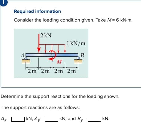 Required information
Consider the loading condition given. Take M= 6 kN-m.
|2 kN
1 kN/m
M
2 m' 2 m'2 m'2 m
Determine the support reactions for the loading shown.
The support reactions are as follows:
Ax=
]kN, Ay=[
|kN, and By=|
|kN.
