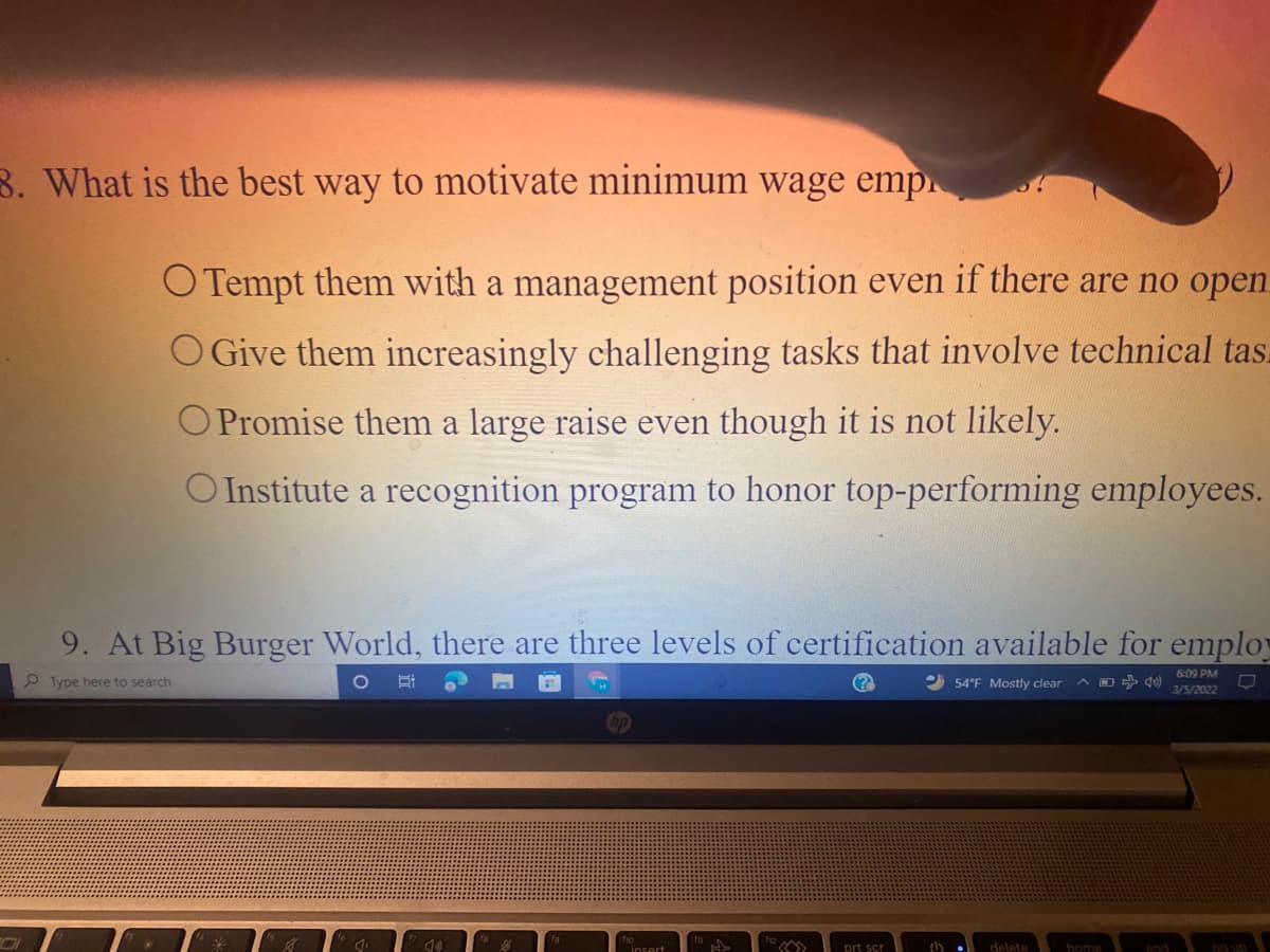 8. What is the best way to motivate minimum wage emp
O Tempt them with a management position even if there are no open
O Give them increasingly challenging tasks that involve technical tas.
O Promise them a large raise even though it is not likely.
O Institute a recognition program to honor top-performing employees.
9. At Big Burger World, there are three levels of certification available for employ
6:09 PM
2 Type here to search
O 54°F Mostly clear
3/5/2022
prt scr
delete
home
end
insert
