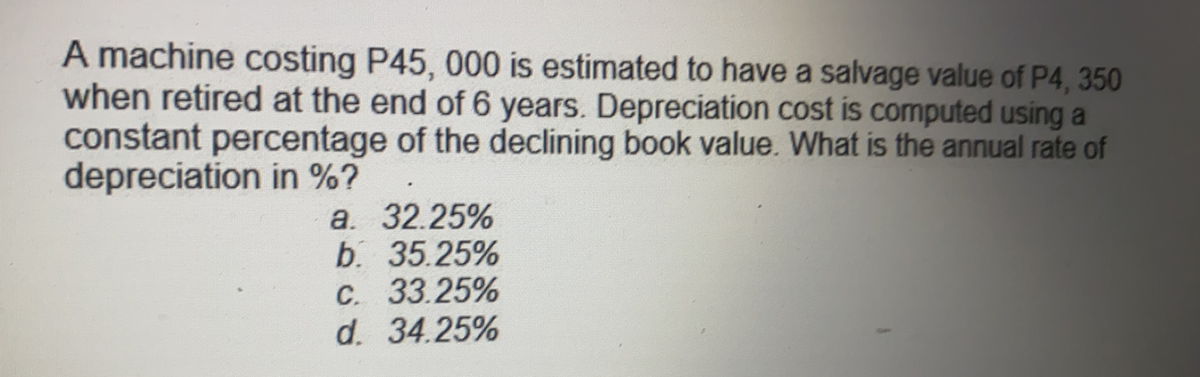 A machine costing P45, 000 is estimated to have a salvage value of P4, 350
when retired at the end of 6 years. Depreciation cost is computed using a
constant percentage of the declining book value. What is the annual rate of
depreciation in %?
a. 32.25%
b. 35.25%
C. 33.25%
d. 34.25%
