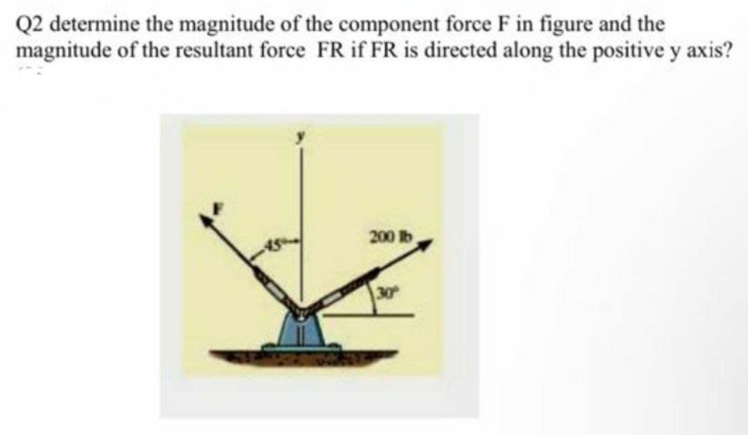 Q2 determine the magnitude of the component force F in figure and the
magnitude of the resultant force FR if FR is directed along the positive y axis?
200 lb
30°