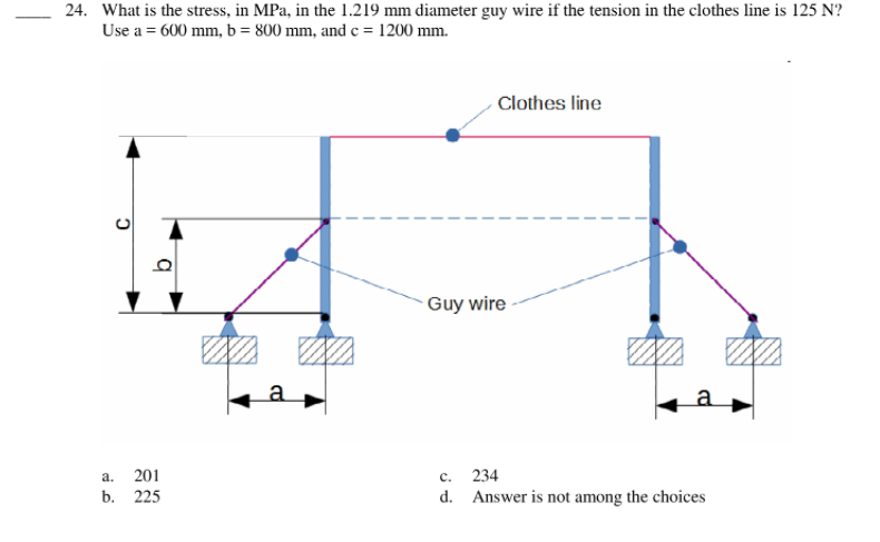 24. What is the stress, in MPa, in the 1.219 mm diameter guy wire if the tension in the clothes line is 125 N?
Use a = 600 mm, b = 800 mm, and c = 1200 mm.
Clothes line
Guy wire
234
d. Answer is not among the choices
a.
201
с.
b. 225
