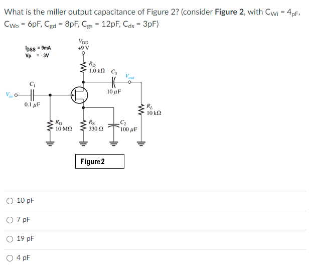 What is the miller output capacitance of Figure 2? (consider Figure 2, with Cwi = 4pF,
Cwo = 6pF, Cgd = 8pF, Cgs = 12pF, Cds = 3pF)
VDD
+9 V
loss = 9mA
Vp =-3V
RD
1.0 kn C3
Vout
HE
10 μF
0.1 μF
O 10 pF
O 7 pF
19 pF
O 4 pF
WI
RG
10 ΜΩ
Rs
| 330 Ω
Figure 2
-C₂
100 μF
ww
R₁
10 ΚΩ