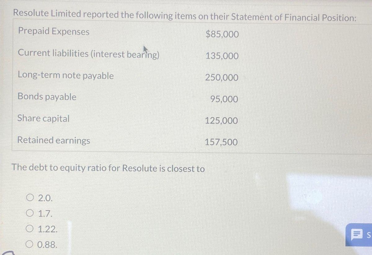Resolute Limited reported the following items on their Statement of Financial Position:
Prepaid Expenses
$85,000
Current liabilities (interest bearing)
135,000
Long-term note payable
250,000
Bonds payable
95,000
Share capital
125,000
157,500
Retained earnings
The debt to equity ratio for Resolute is closest to
O 2.0.
O 1.7.
O 1.22.
O 0.88.
S