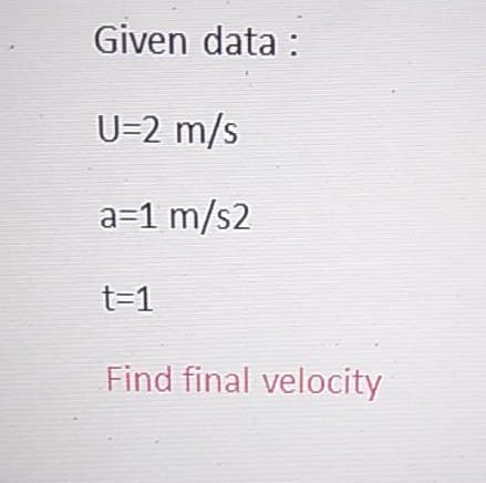 Given data :
U=2 m/s
a=1 m/s2
t=1
Find final velocity

