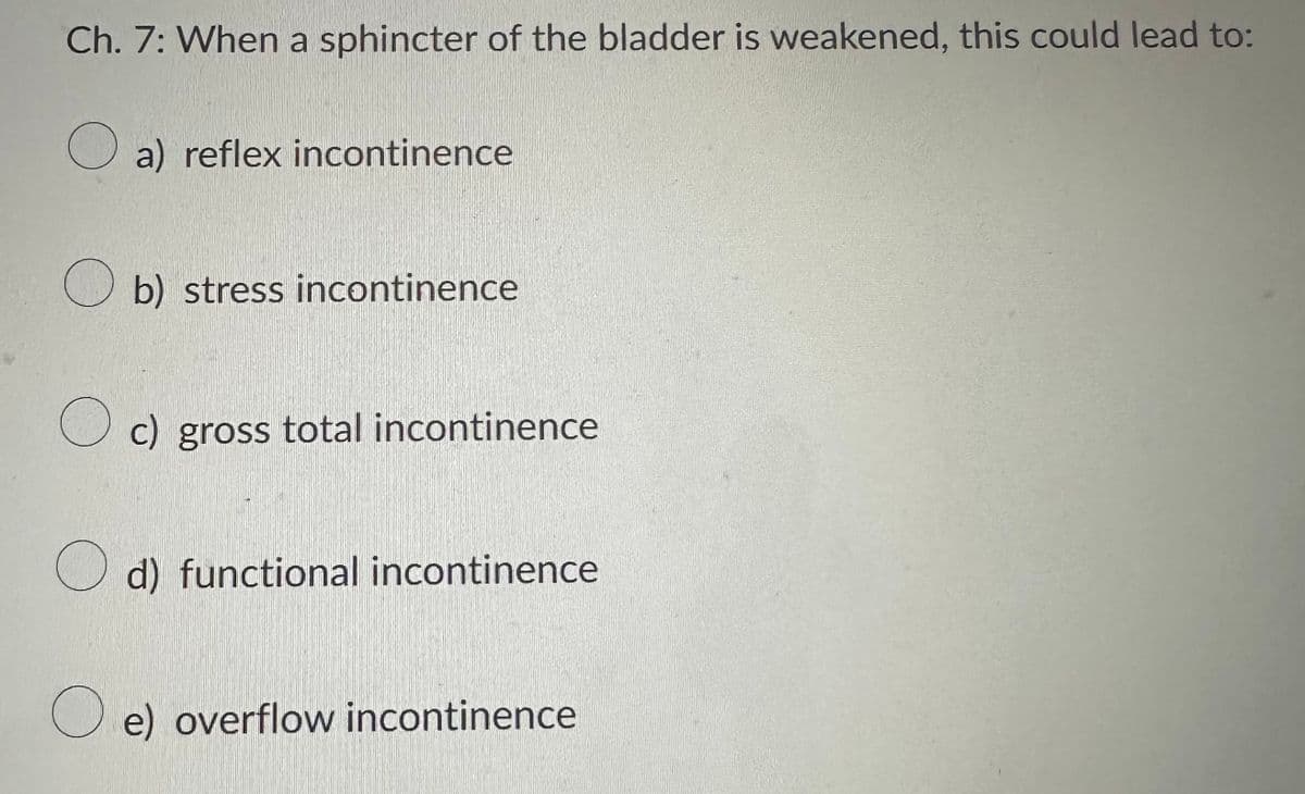Ch. 7: When a sphincter of the bladder is weakened, this could lead to:
a) reflex incontinence
b) stress incontinence
c) gross total incontinence
d) functional incontinence
O e) overflow incontinence