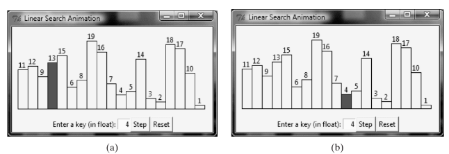 76 Linear Search Animation
76 Linear Search Animation
19
18
19
16
18
17
15
13
16
15
12
14
11
9
10
10
Enter a key (in float): 4 Step Reset
Enter a key (in float):
4 Step Reset
(a)
(b)
