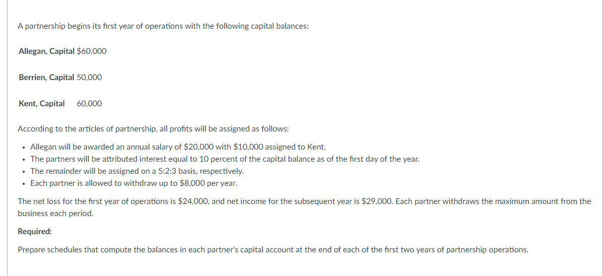 A partnership begins its first year of operations with the following capital balances:
Allegan, Capital $60,000
Berrien, Capital 50,000
Kent, Capital
60,000
According to the articles of partnership, all profits will be assigned as follows:
• Allegan will be awarded an annual salary of $20,000 with $10,000 assigned to Kent.
⚫ The partners will be attributed interest equal to 10 percent of the capital balance as of the first day of the year.
⚫ The remainder will be assigned on a 5:2:3 basis, respectively.
• Each partner is allowed to withdraw up to $8,000 per year.
The net loss for the first year of operations is $24,000, and net income for the subsequent year is $29,000. Each partner withdraws the maximum amount from the
business each period.
Required:
Prepare schedules that compute the balances in each partner's capital account at the end of each of the first two years of partnership operations.