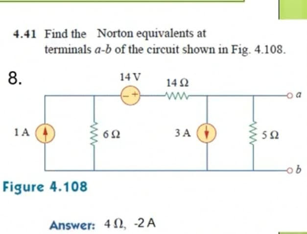 4.41 Find the Norton equivalents at
terminals a-b of the circuit shown in Fig. 4.108.
8.
14 V
14 2
1 A
62
ЗА
Figure 4.108
Answer: 4 2, -2 A
ww
