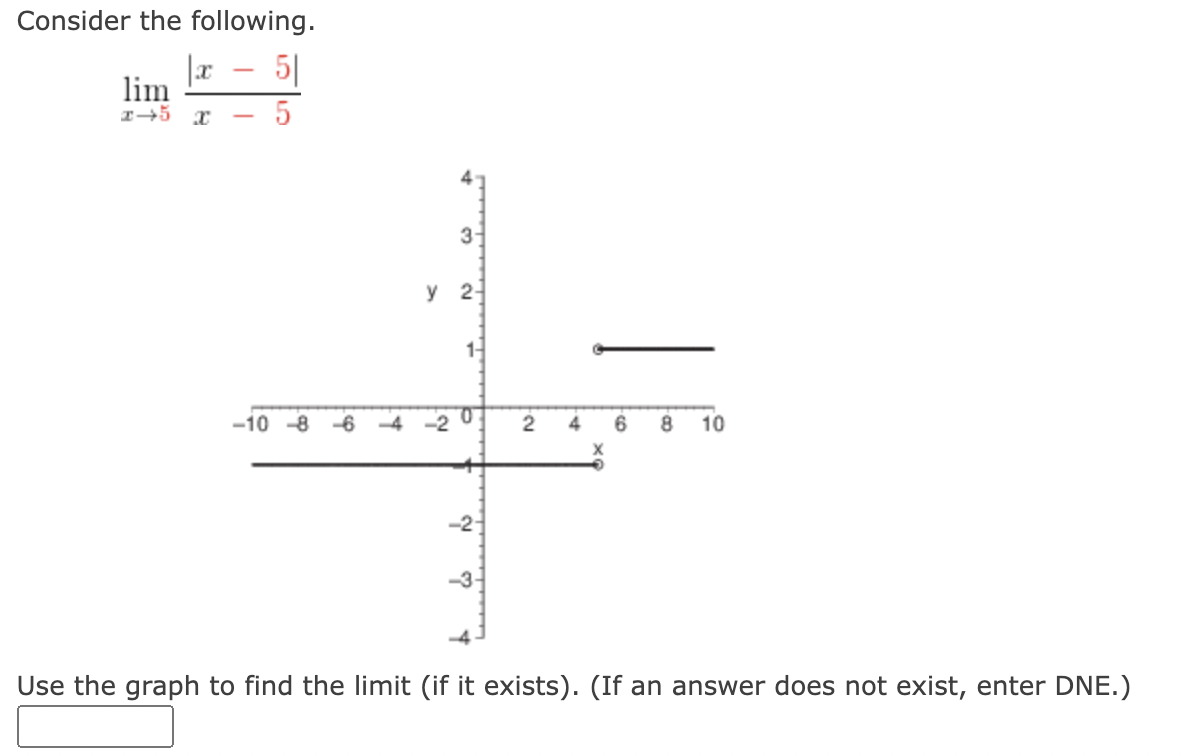 Consider the following.
51
5
|x
lim
x 5 x
-
-
3-
y 2
-10-8-6-4-2
1-
-2-
2
4
8 10
Use the graph to find the limit (if it exists). (If an answer does not exist, enter DNE.)