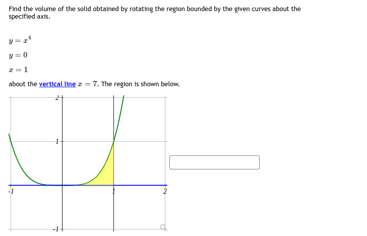 Find the volume of the solid obtained by rotating the region bounded by the given curves about the
specified axis.
y = x²
y= 0
x = 1
about the vertical line x = 7. The region is shown below.
2+
-1
-1
d
