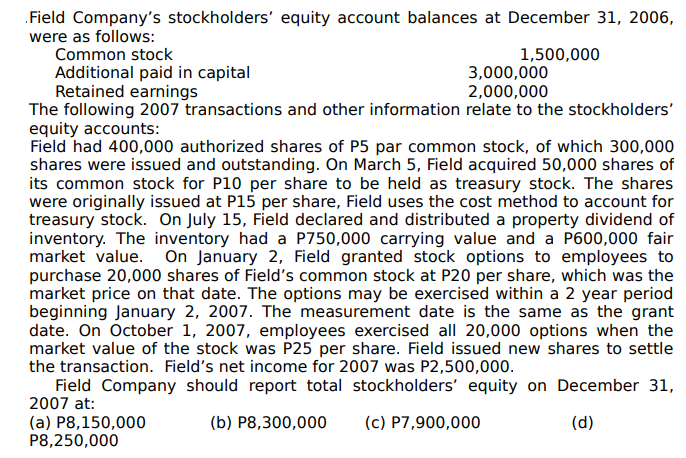 .Field Company's stockholders' equity account balances at December 31, 2006,
were as follows:
Common stock
1,500,000
3,000,000
Additional paid in capital
Retained earnings
The following 2007 transactions and other information relate to the stockholders'
equity accounts:
Field had 400,000 authorized shares of P5 par common stock, of which 300,000
shares were issued and outstanding. On March 5, Field acquired 50,000 shares of
its common stock for P10 per share to be held as treasury stock. The shares
were originally issued at P15 per share, Field uses the cost method to account for
treasury stock. On July 15, Field declared and distributed a property dividend of
inventory. The inventory had a P750,000 carrying value and a P600,000 fair
market value. On January 2, Field granted stock options to employees to
purchase 20,000 shares of Field's common stock at P20 per share, which was the
market price on that date. The options may be exercised within a 2 year period
beginning January 2, 2007. The measurement date is the same as the grant
date. On October 1, 2007, employees exercised all 20,000 options when the
market value of the stock was P25 per share. Field issued new shares to settle
the transaction. Field's net income for 2007 was P2,500,000.
Field Company should report total stockholders' equity on December 31,
2007 at:
2,000,000
(a) P8,150,000
P8,250,000
(c) P7,900,000
(b) P8,300,000
(d)

