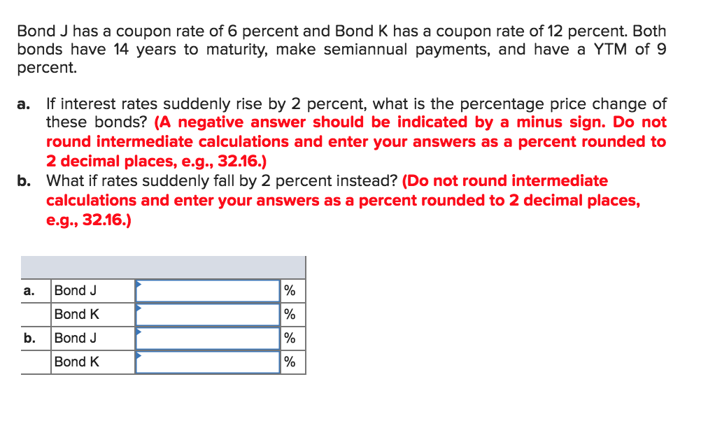 Bond J has a coupon rate of 6 percent and Bond K has a coupon rate of 12 percent. Both
bonds have 14 years to maturity, make semiannual payments, and have a YTM of 9
percent.
a.
If interest rates suddenly rise by 2 percent, what is the percentage price change of
these bonds? (A negative answer should be indicated by a minus sign. Do not
round intermediate calculations and enter your answers as a percent rounded to
2 decimal places, e.g., 32.16.)
b. What if rates suddenly fall by 2 percent instead? (Do not round intermediate
calculations and enter your answers as a percent rounded to 2 decimal places,
e.g., 32.16.)
a.
b.
Bond J
Bond K
Bond J
Bond K
%
%
%
%