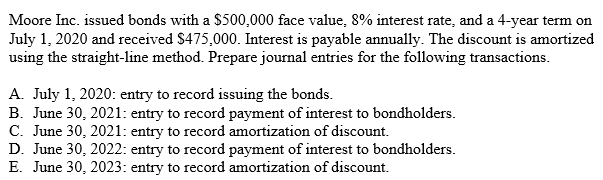 Moore Inc. issued bonds with a $500,000 face value, 8% interest rate, and a 4-year term on
July 1, 2020 and received $475,000. Interest is payable annually. The discount is amortized
using the straight-line method. Prepare journal entries for the following transactions.
A. July 1, 2020: entry to record issuing the bonds.
B. June 30, 2021: entry to record payment of interest to bondholders.
C. June 30, 2021: entry to record amortization of discount.
D. June 30, 2022: entry to record payment of interest to bondholders.
E. June 30, 2023: entry to record amortization of discount.
