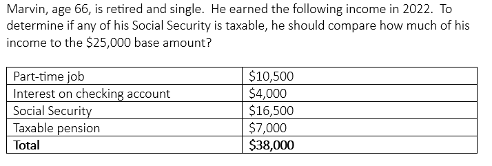 Marvin, age 66, is retired and single. He earned the following income in 2022. To
determine if any of his Social Security is taxable, he should compare how much of his
income to the $25,000 base amount?
Part-time job
Interest on checking account
Social Security
Taxable pension
Total
$10,500
$4,000
$16,500
$7,000
$38,000