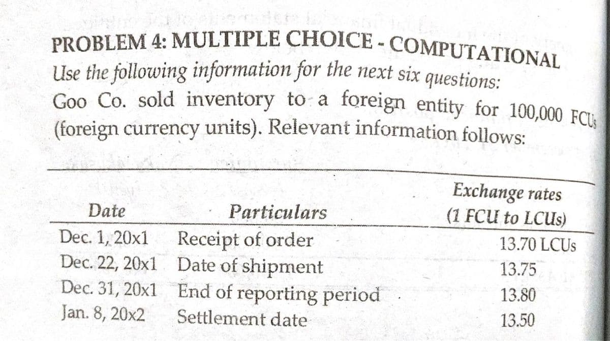 PROBLEM 4: MULTIPLE CHOICE - COMPUTATIONAL
Goo Co. sold inventory to a foreign entity for 100,000 FCU
Use the following information for the next six questions:
(foreign currency units). Relevant information follows:
Exchange rates
(1 FCU to LCUS)
Date
Particulars
Dec. 1, 20x1
Receipt of order
Date of shipment
13.70 LCUS
Dec. 22, 20x1
Dec. 31, 20x1 End of reporting period
Jan. 8, 20x2
13.75
13.80
Settlement date
13.50

