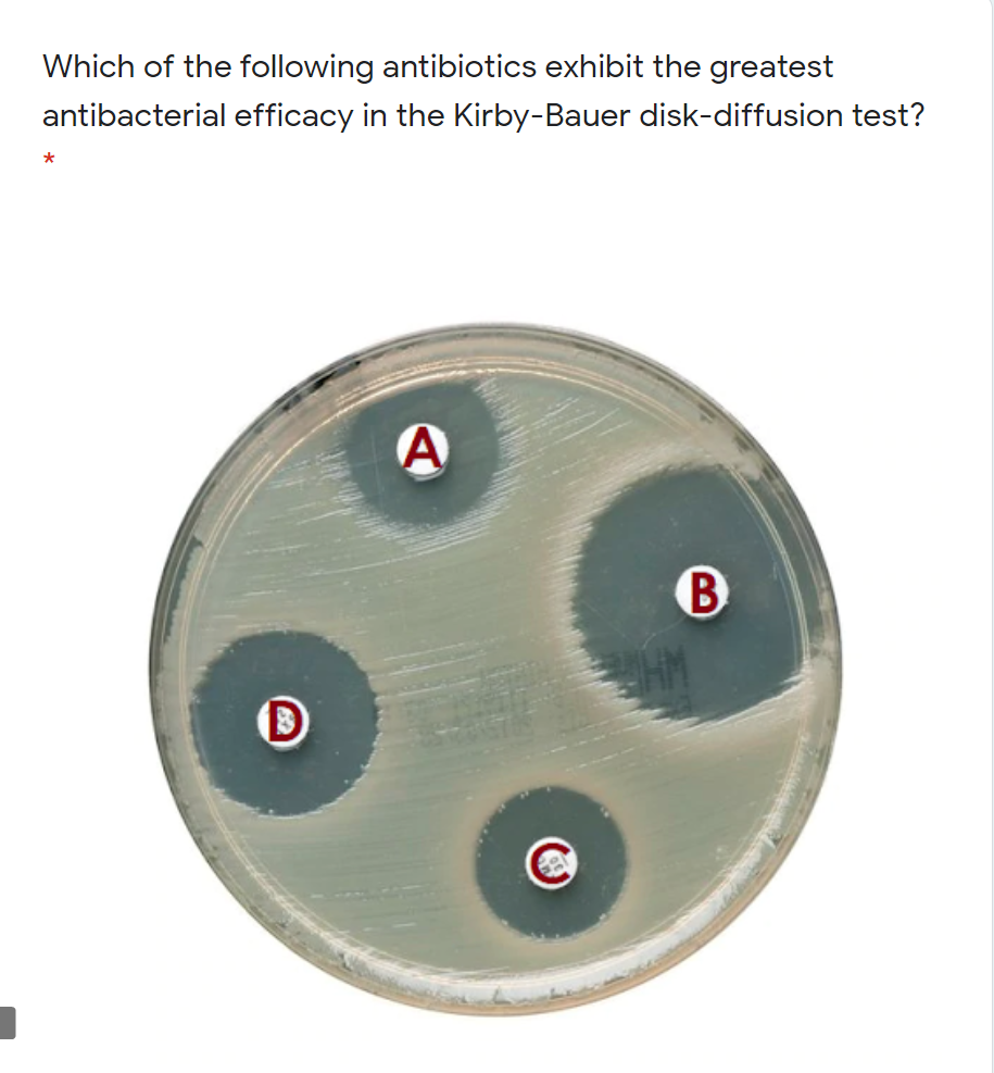 Which of the following antibiotics exhibit the greatest
antibacterial efficacy in the Kirby-Bauer disk-diffusion test?
A
B
