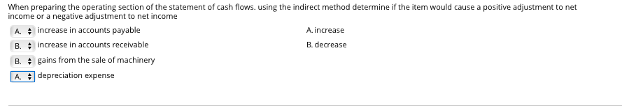When preparing the operating section of the statement of cash flows. using the indirect method determine if the item would cause a positive adjustment to net
income or a negative adjustment to net income
A. increase in accounts payable
B. increase in accounts receivable
A. increase
B. decrease
B. gains from the sale of machinery
A. depreciation expense
