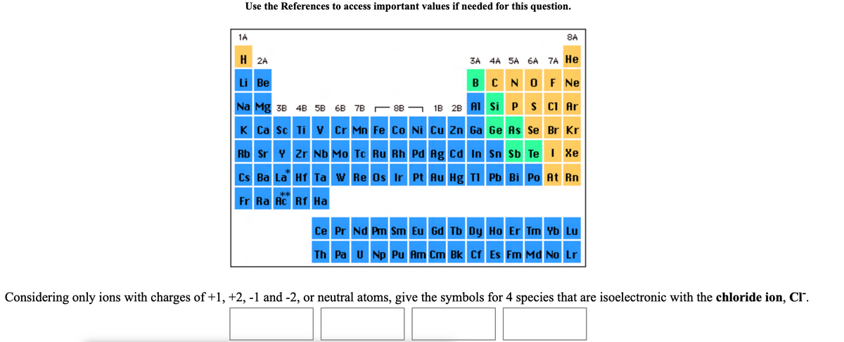 Use the References to access important values if needed for this question.
1A
8A
H 2A
3A 4A 5A 6A 7A He
Li Be
BCNO FNe
Na Mg 3B 4B 5B 6B 7B 8B -
1B 28 A1 Si PS CI Ar
K Ca sc Ti v Cr Mn Fe Co Ni Cu Zn Ga Ge As Se Br Kr
Rb Sr Y Zr Nb Mo Tc Ru Rh Pd Ag Cd In Sn Sb Te I Xe
*
Cs Ba La Hf Ta w Re Os Ir Pt Au Hg TI Pb Bi Po At Rn
**
Fr Ra Ac Rf Ha
Ce Pr Nd Pm Sm Eu Gd Tb Dy Ho Er Tm Yb Lu
Th Pa U Np Pu Am Cm Bk Cf Es Fm Md No Lr
Considering only ions with charges of +1, +2, -1 and -2, or neutral atoms, give the symbols for 4 species that are isoelectronic with the chloride ion, CI.
