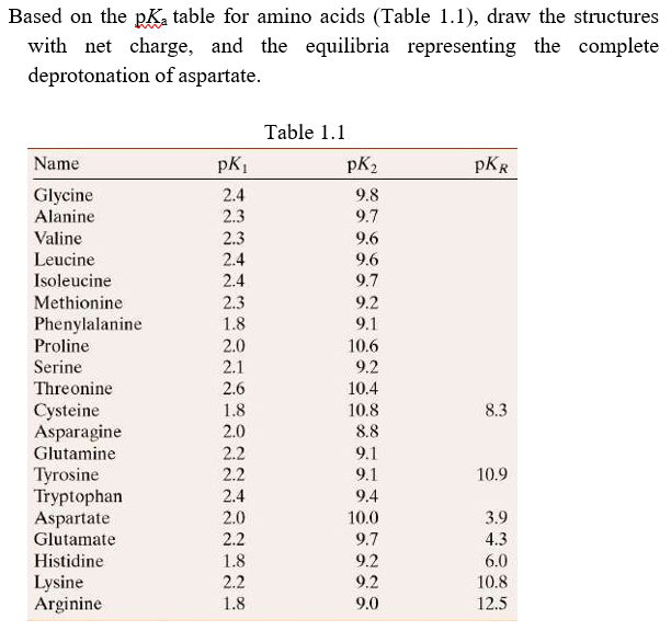 Based on the pK, table for amino acids (Table 1.1), draw the structures
with net charge, and the equilibria representing the complete
deprotonation of aspartate.
Table 1.1
Name
pK
pk2
pKR
Glycine
Alanine
2.4
9.8
2.3
9.7
Valine
2.3
2.4
9.6
Leucine
9.6
Isoleucine
2.4
9.7
Methionine
2.3
9.2
Phenylalanine
Proline
Serine
1.8
9.1
2.0
10.6
2.1
9.2
Threonine
2.6
10.4
Cysteine
Asparagine
Glutamine
1.8
10.8
8.3
2.0
8.8
2.2
9.1
Tyrosine
Tryptophan
Aspartate
Glutamate
2.2
9.1
10.9
2.4
9.4
2.0
2.2
10.0
3.9
9.7
4.3
Histidine
1.8
9.2
6.0
10.8
Lysine
Arginine
2.2
9.2
1.8
9.0
12.5
