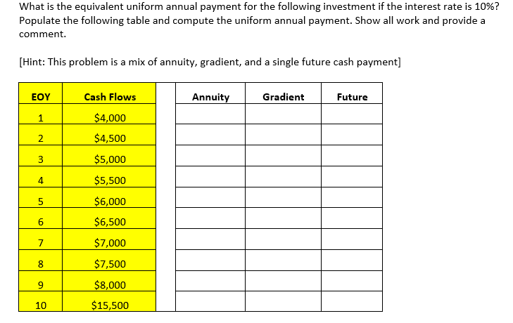 What is the equivalent uniform annual payment for the following investment if the interest rate is 10%?
Populate the following table and compute the uniform annual payment. Show all work and provide a
comment.
[Hint: This problem is a mix of annuity, gradient, and a single future cash payment]
ΕΟΥ
Cash Flows
1
$4,000
2
$4,500
3
$5,000
4
$5,500
5
$6,000
60
$6,500
7
$7,000
00
8
$7,500
9
$8,000
10
$15,500
Annuity
Gradient
Future