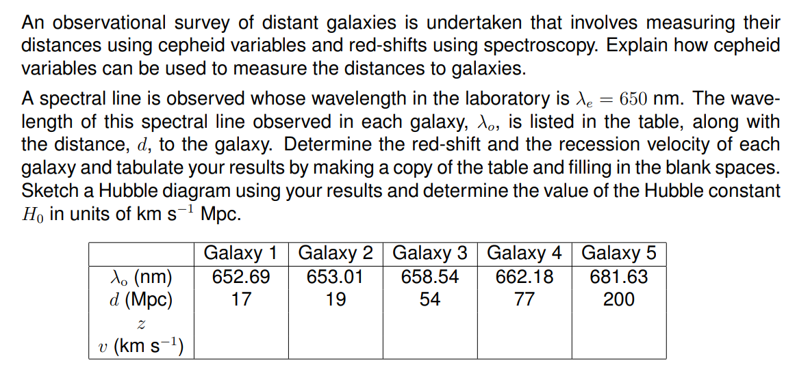 An observational survey of distant galaxies is undertaken that involves measuring their
distances using cepheid variables and red-shifts using spectroscopy. Explain how cepheid
variables can be used to measure the distances to galaxies.
A spectral line is observed whose wavelength in the laboratory is de
length of this spectral line observed in each galaxy, Xo, is listed in the table, along with
the distance, d, to the galaxy. Determine the red-shift and the recession velocity of each
galaxy and tabulate your results by making a copy of the table and filling in the blank spaces.
Sketch a Hubble diagram using your results and determine the value of the Hubble constant
Ho in units of km s-1 Mpc.
650 nm. The wave-
Galaxy 1
652.69
Galaxy 2 Galaxy 3 Galaxy 4 Galaxy 5
653.01
do (nm)
d (Mpc)
658.54
662.18
681.63
17
19
54
77
200
v (km s-1)
