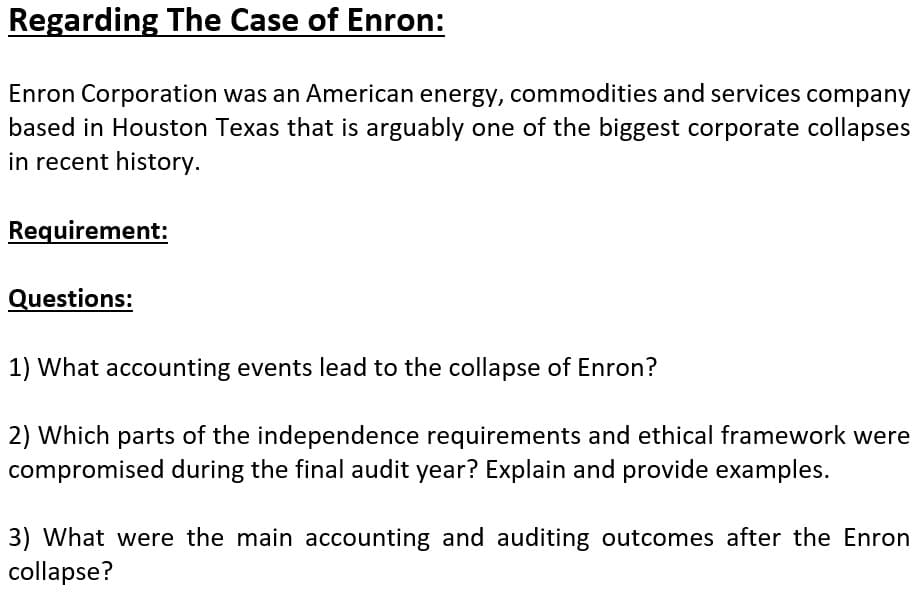 Regarding The Case of Enron:
Enron Corporation was an American energy, commodities and services company
based in Houston Texas that is arguably one of the biggest corporate collapses
in recent history.
Requirement:
Questions:
1) What accounting events lead to the collapse of Enron?
2) Which parts of the independence requirements and ethical framework were
compromised during the final audit year? Explain and provide examples.
3) What were the main accounting and auditing outcomes after the Enron
collapse?