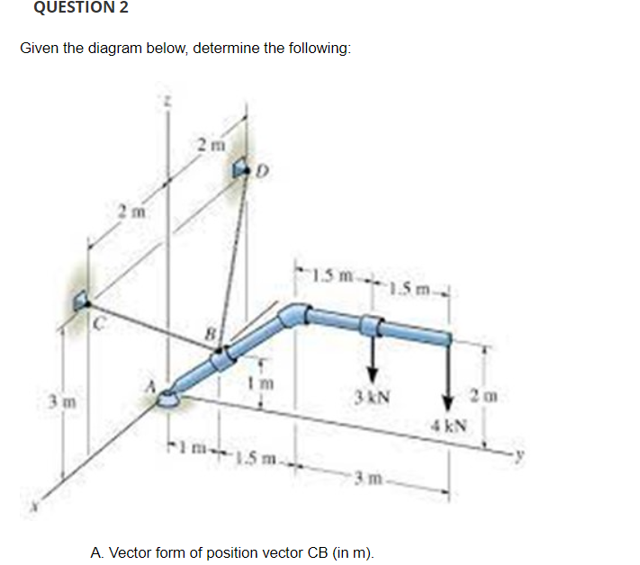 QUESTION 2
Given the diagram below, determine the following:
3 m
m
2m
AD
1.5m
-1.5m 15m-
3 kN
3. m
A. Vector form of position vector CB (in m).
4 kN
2m