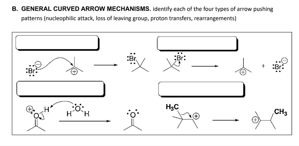 B. GENERAL CURVED ARROW MECHANISMS. identify each of the four types of arrow pushing
patterns (nucleophilic attack, loss of leaving group, proton transfers, rearrangements)
CO
H H
Br
H3C
+ :Br:
CH3