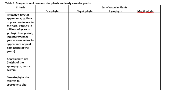 Table 1. Comparison of non-vascular plants and early vascular plants.
Criteria
Early Vascular Plants
Bryophyte
Rhyniophyte
Lycophyte
Monilophyte
Estimated time of
appearance; or time
of peak dominance in
the flora. ("time": in
millions of years or
geologic time period;
indicate whether
your answer refers to
appearance or peak
dominance of the
group)
Approximate size
(height of the
sporophyte, metric
system)
Gametophyte size
relative to
sporophyte size
