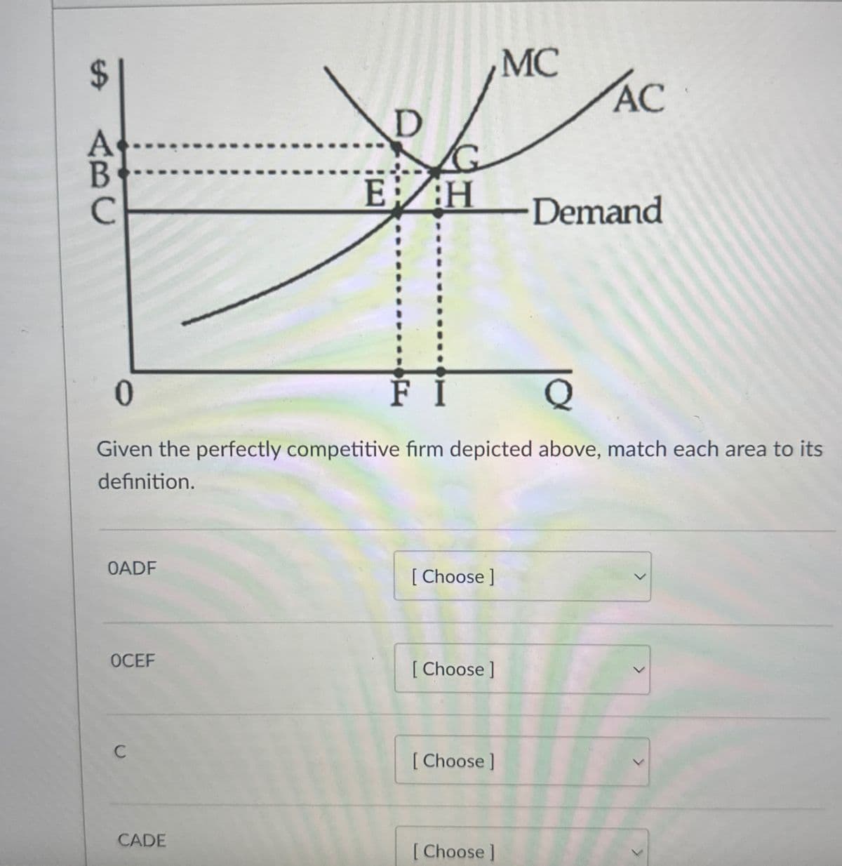 59
ABC
D
MC
AC
E: H
-Demand
F
Q
Given the perfectly competitive firm depicted above, match each area to its
definition.
0
OADF
[Choose]
OCEF
[Choose ]
C
[Choose ]
CADE
[Choose ]
>
>