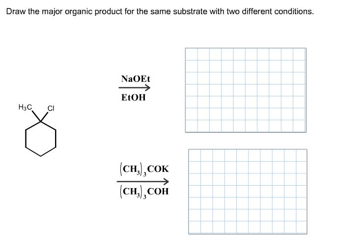 Draw the major organic product for the same substrate with two different conditions.
NaOEt
EtOН
Нэс.
CI
(CH,), COK
(сн, СОн
CH
3
