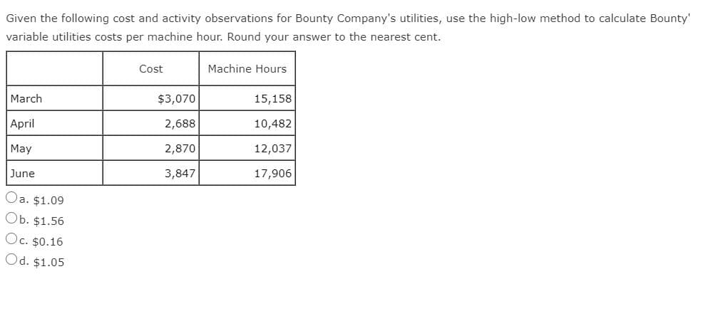 Given the following cost and activity observations for Bounty Company's utilities, use the high-low method to calculate Bounty'
variable utilities costs per machine hour. Round your answer to the nearest cent.
Cost
Machine Hours
March
$3,070
15,158
April
2,688
10,482
May
2,870
12,037
June
3,847
17,906
Oa. $1.09
Ob. $1.56
Oc. $0.16
Od. $1.05
