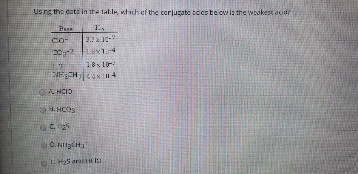 Using the data in the table, which of the conjugate acids below is the weakest acid?
Base
CIO
33x 10-7
18x10-4
1.8x 10-7
HS
NH,CH3 44x 10 4
AHCIO
B. HCO3
C. H25
O D.NH3CH3
OE H25 and HCIO

