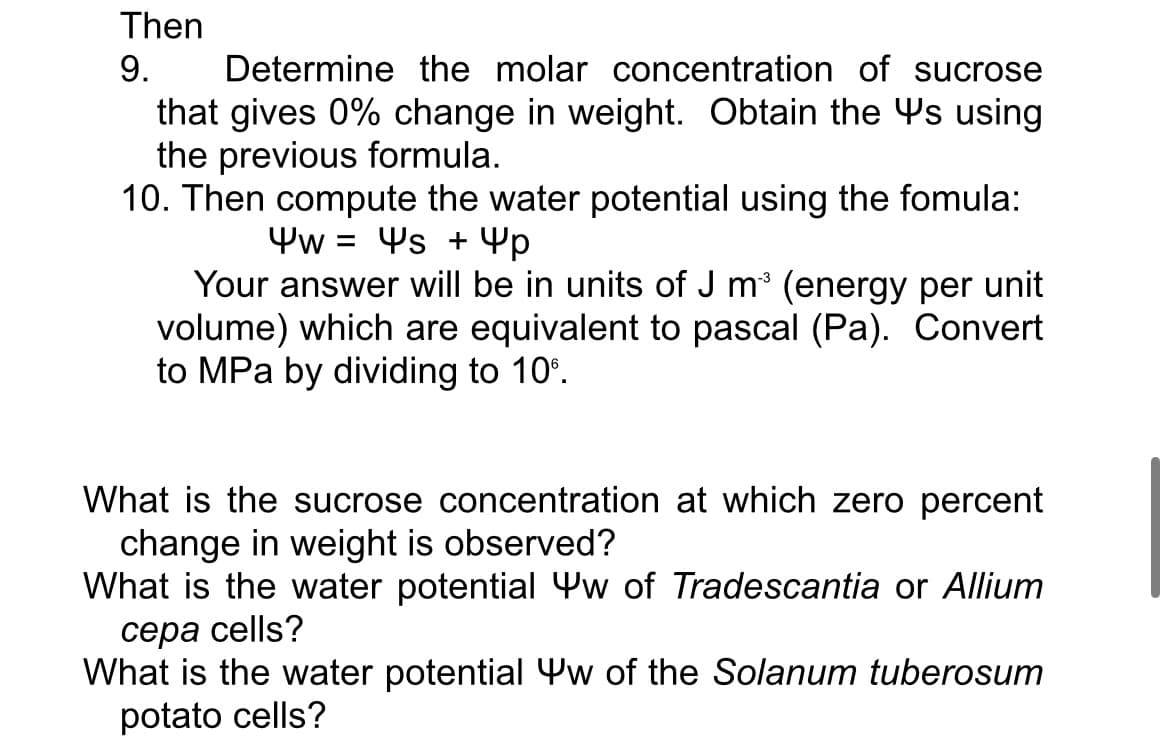 Then
9.
Determine the molar concentration of sucrose
that gives 0% change in weight. Obtain the Ys using
the previous formula.
10. Then compute the water potential using the fomula:
Yw = Ys + Yp
Your answer will be in units of J m (energy per unit
volume) which are equivalent to pascal (Pa). Convert
to MPa by dividing to 10°.
What is the sucrose concentration at which zero percent
change in weight is observed?
What is the water potential Yw of Tradescantia or Allium
сера сells?
What is the water potential Yw of the Solanum tuberosum
potato cells?
