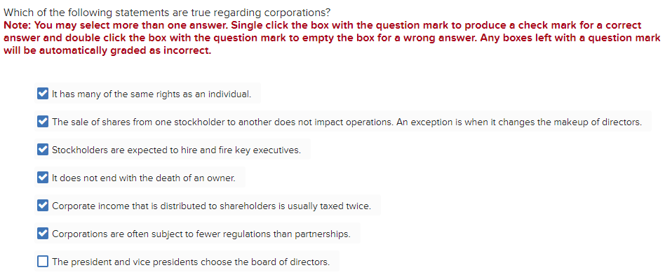 Which of the following statements are true regarding corporations?
Note: You may select more than one answer. Single click the box with the question mark to produce a check mark for a correct
answer and double click the box with the question mark to empty the box for a wrong answer. Any boxes left with a question mark
will be automatically graded as incorrect.
It has many of the same rights as an individual.
The sale of shares from one stockholder to another does not impact operations. An exception is when it changes the makeup of directors.
Stockholders are expected to hire and fire key executives.
It does not end with the death of an owner.
Corporate income that is distributed to shareholders is usually taxed twice.
Corporations are often subject to fewer regulations than partnerships.
The president and vice presidents choose the board of directors.