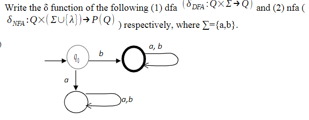 Write the ô function of the following (1) dfa (ODFA : QX2→ Q) and (2) nfa (
S NFA :Q×(EU{A})→ P(Q)
) respectively, where E={a,b}.
a, b
b
a
a,b
