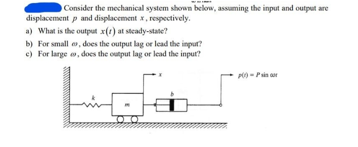 W I Ia
O Consider the mechanical system shown below, assuming the input and output are
displacement p and displacement x, respectively.
a) What is the output x(t) at steady-state?
b) For small o, does the output lag or lead the input?
c) For large w, does the output lag or lead the input?
P(1) = P sin wr
