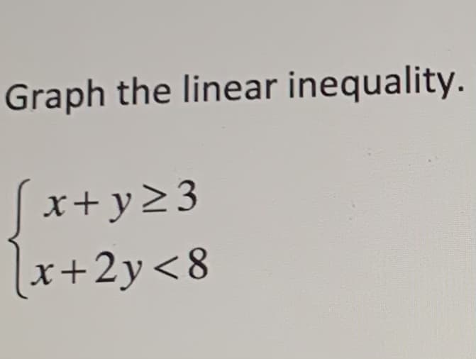 Graph the linear inequality.
x+y23
x+2y<8
