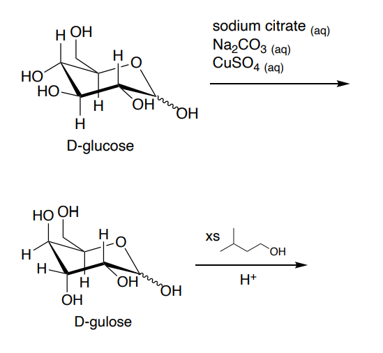 HO
H
НО-
H OH
НО ОН
I
Н.
Н
Н
D-glucose
ОН
Н
I
ОН
н ОН
D-gulose
пон
тон
sodium citrate
Na2CO3 (aq)
CuSO4 (aq)
XS
H+
ОН
(aq)